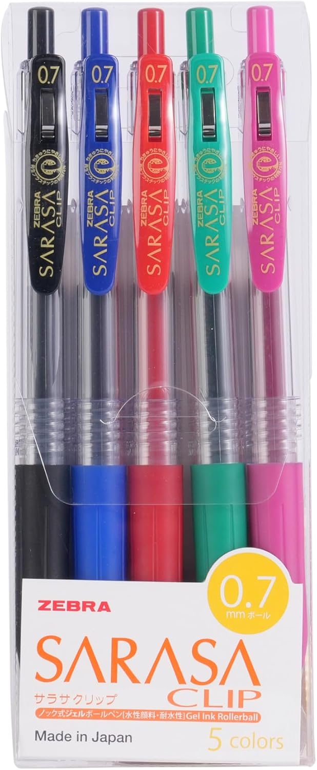 قلم جل سارارسا بمشبك تعليق من زيبرا عبوة 5 أقلام سن 0.7 ملم