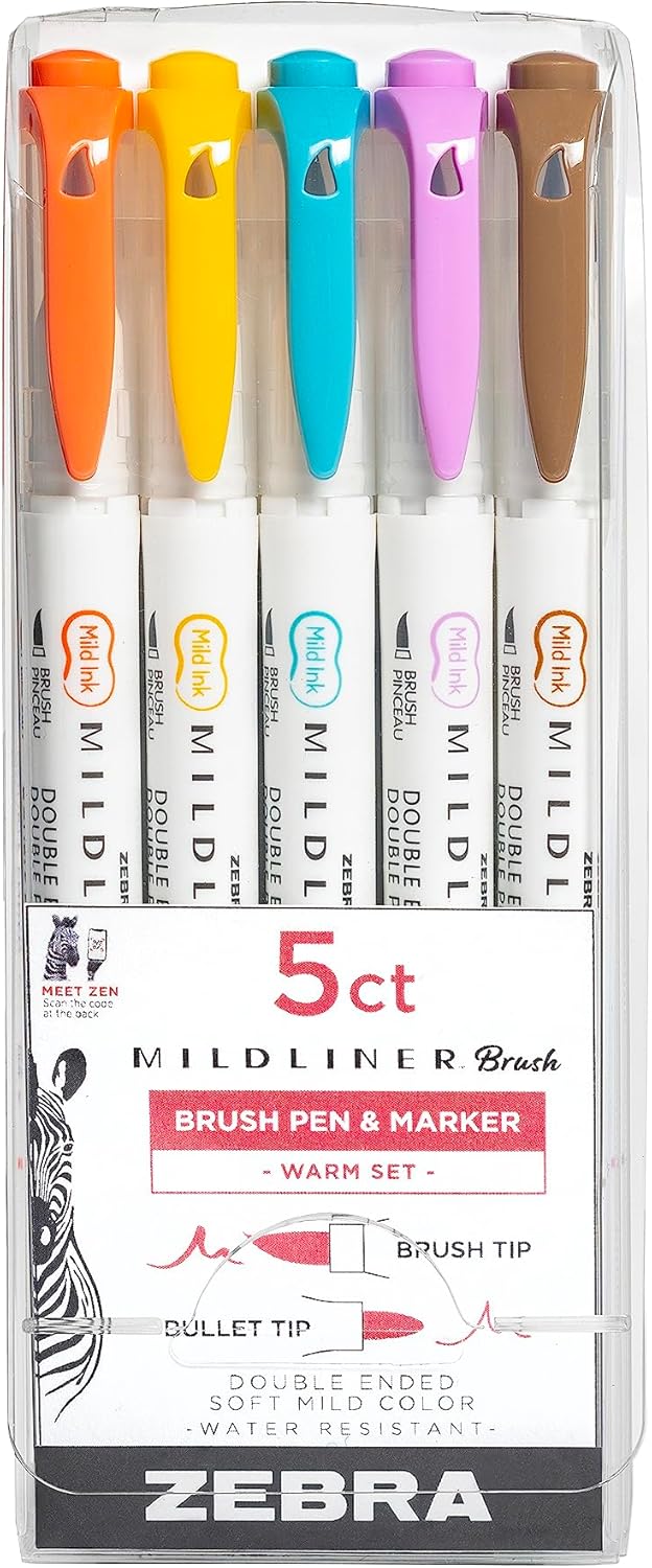 اقلام تلوين ميدلاينر مزدوجة الاطراف براس فرشاة وسن قلم رفيع من زيبرا، أبيض